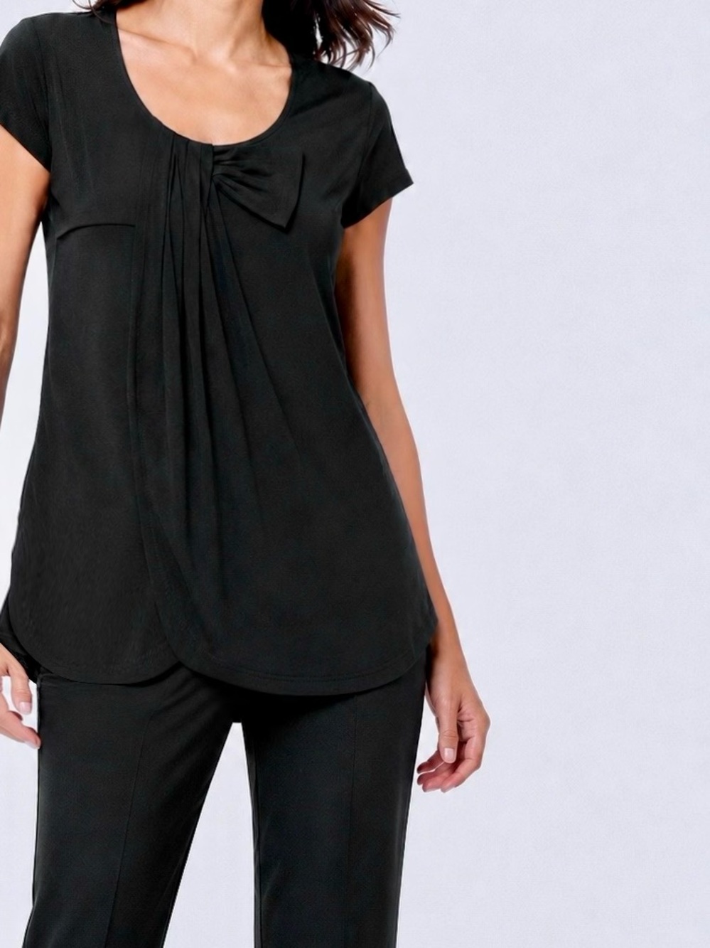 WILLI SMITH Black Knit Scoop Neck Pleated Short-Sleeve Top